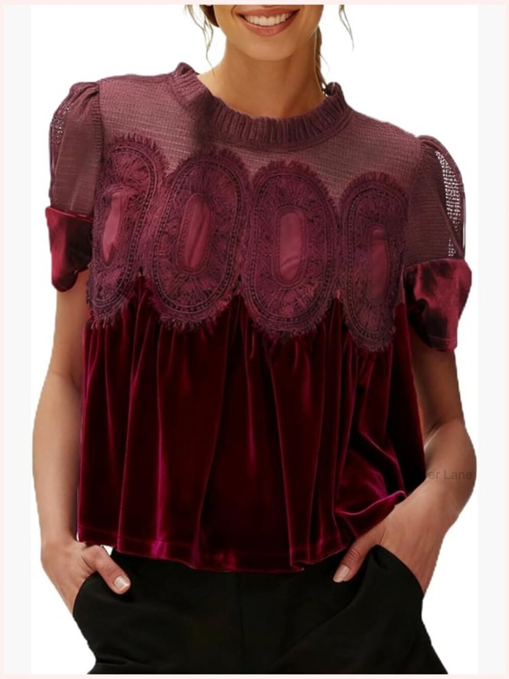 Velvet Lace Blouse Round Neck Short Sleeve Flared Swing Top